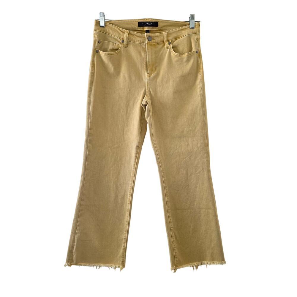 Liverpool Los Angeles Yellow Crop Flare Jeans Womens Size 8/29 Raw Hem Stretch
